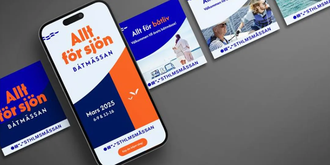 Mobil och bilder visar reklam för båtmässan Allt för sjön 2025.