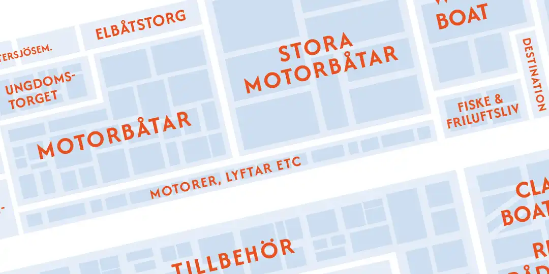 Priser_och_intresseanmalan_puff Karta över Allt för Sjöns mässområde med markerade ytor för motorbåtar, stora motorbåtar, tillbehör, elbåtstorg och fler utställningsområden