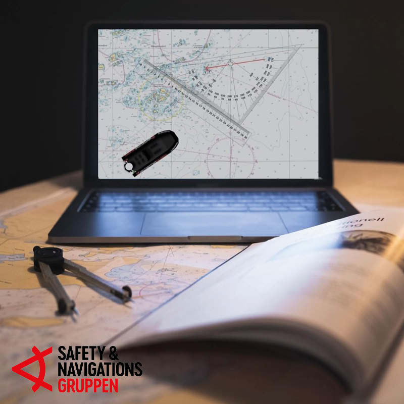 En logotype i svart och rött för Safety & navigationsgruppen på vit bakgrund