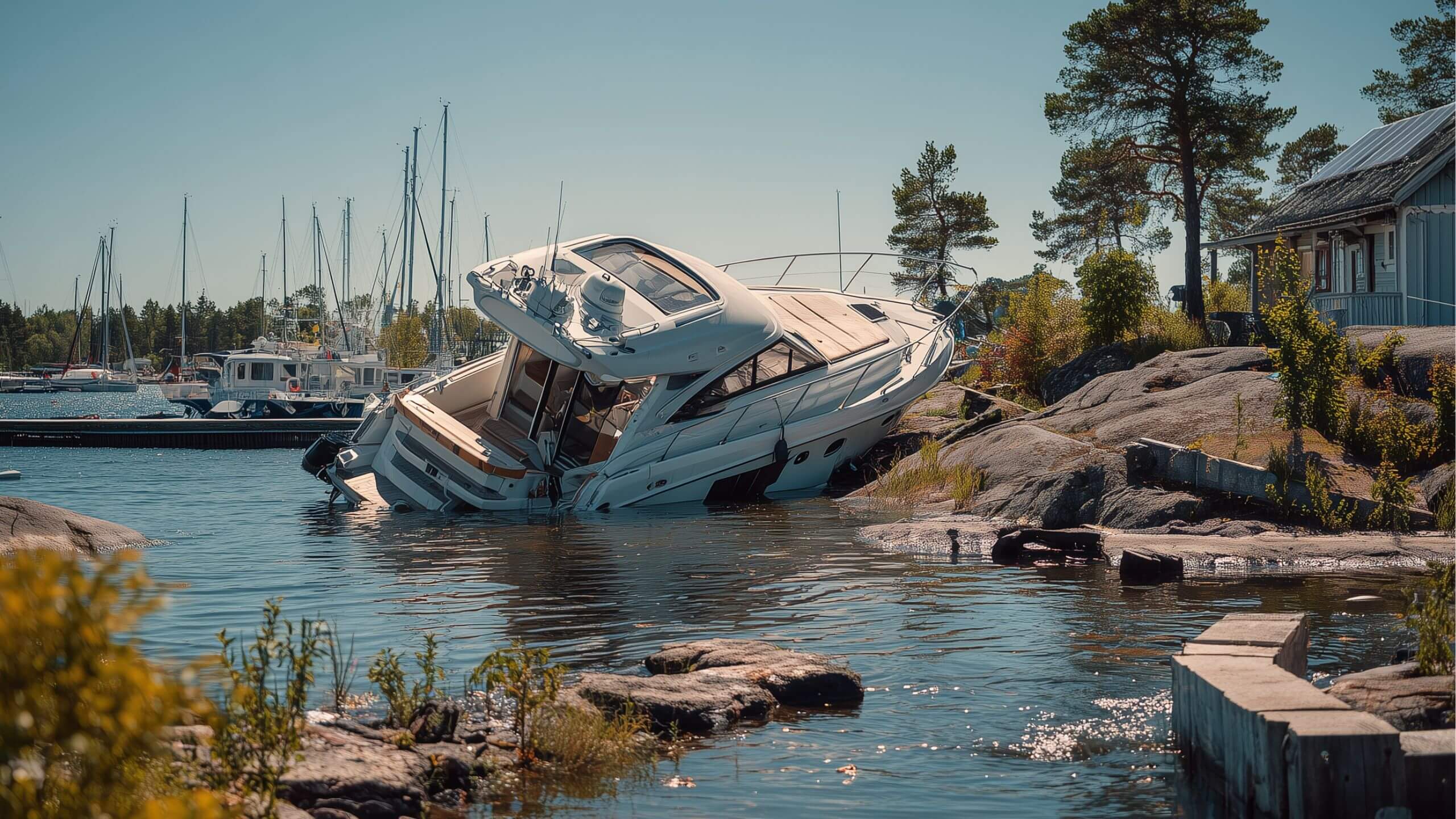 båt som crashat mot klippa
